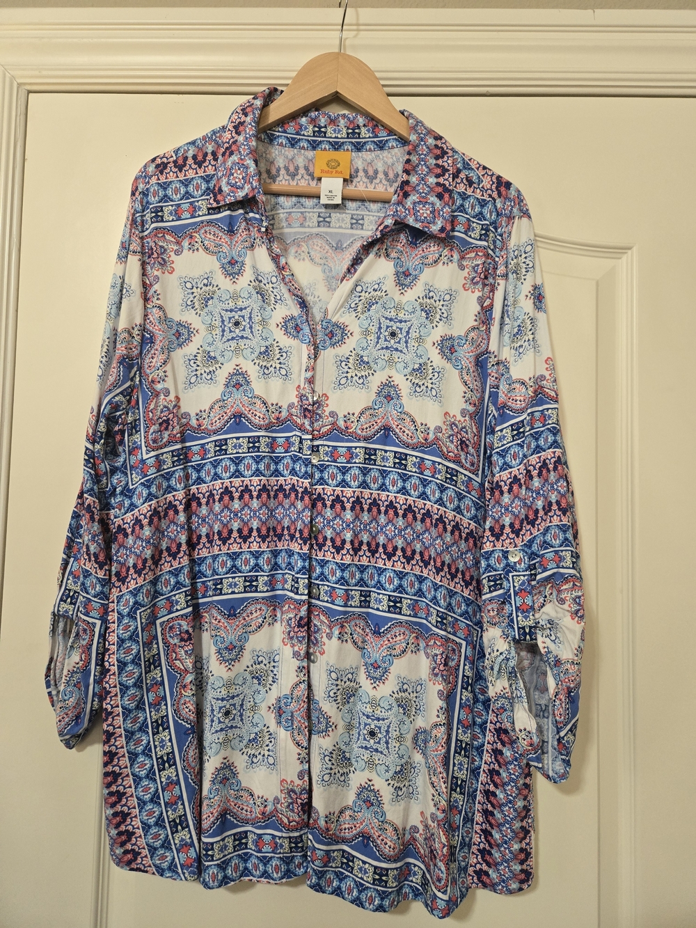 Ruby Rd. Blue and Pink Mixed Medallion Light Weight Print Blouse